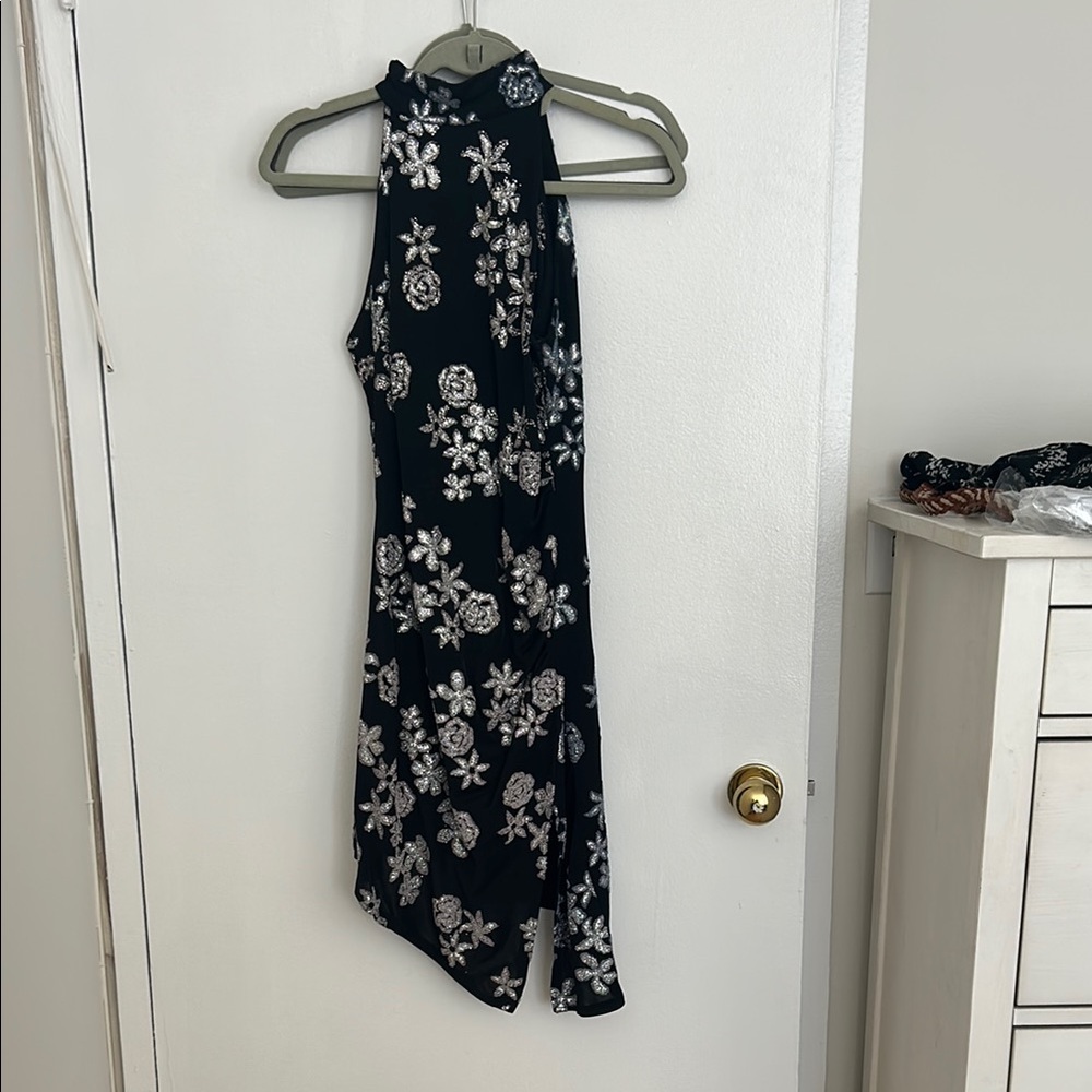 Black and White Asymmetrical Halter Sheath Dress